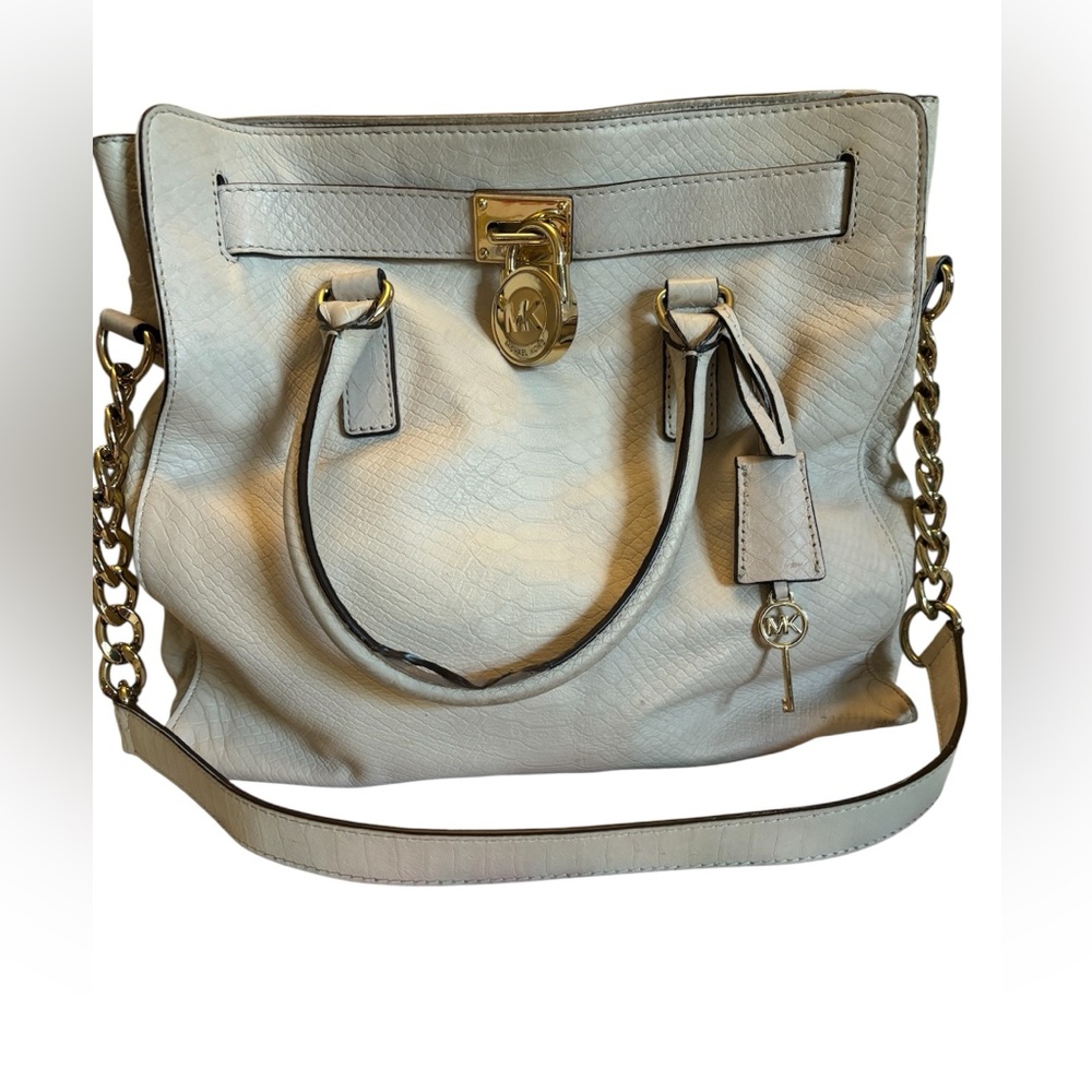 Michael Kors Hamilton White and Gold Satchel with Chain Detail